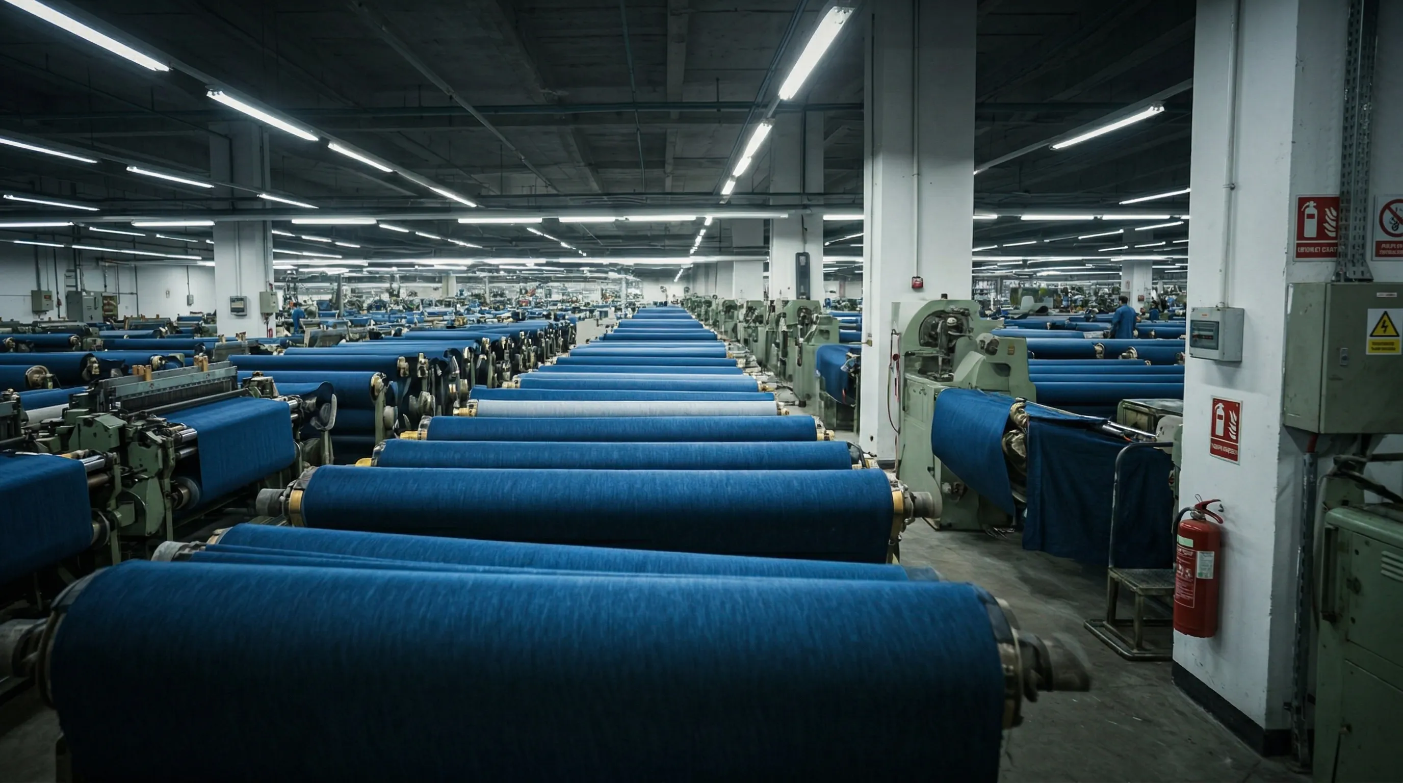 Cinematic shot of a high-end manufacturing floor with rolls of premium indigo fabric and sophisticated machinery in soft lighting